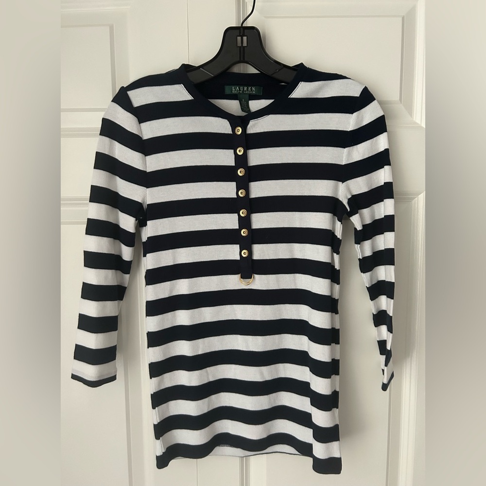 Ralph Lauren navy white stripe ribbed Henley top with gold buttons. LIKE NEW!